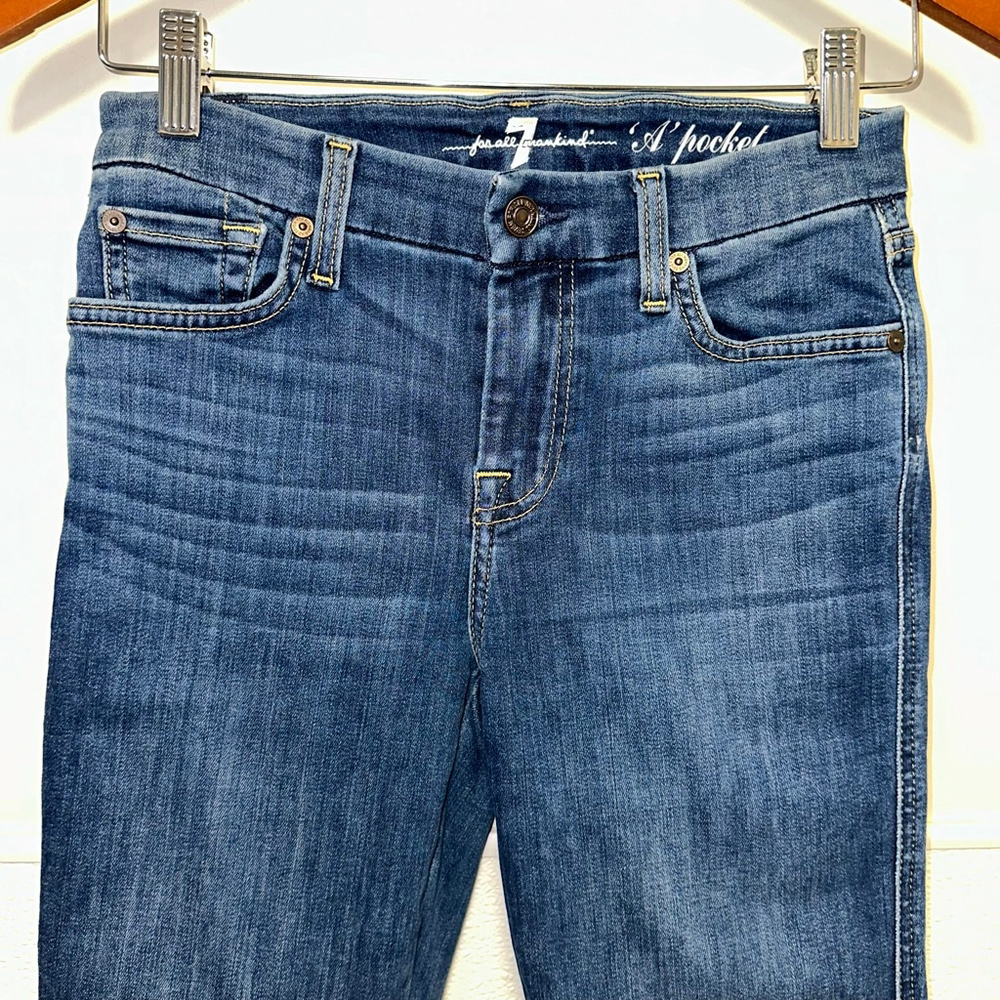 Women's 7 For All Mankind Blue Gold Stitch A Pocket Flare Jeans Size 26 - Picture 13 of 16